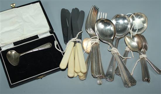 Silver part Christening set (cased), six silver spoons & sundry plated flatware